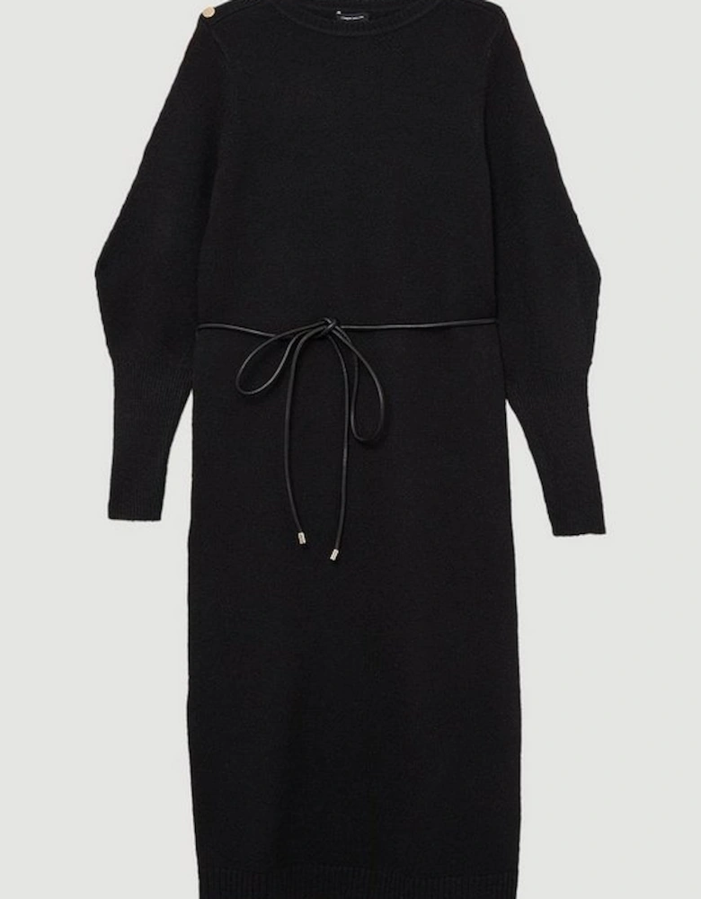 Wool Blend Cosy Knit Belted Long Sleeve Midi Dress