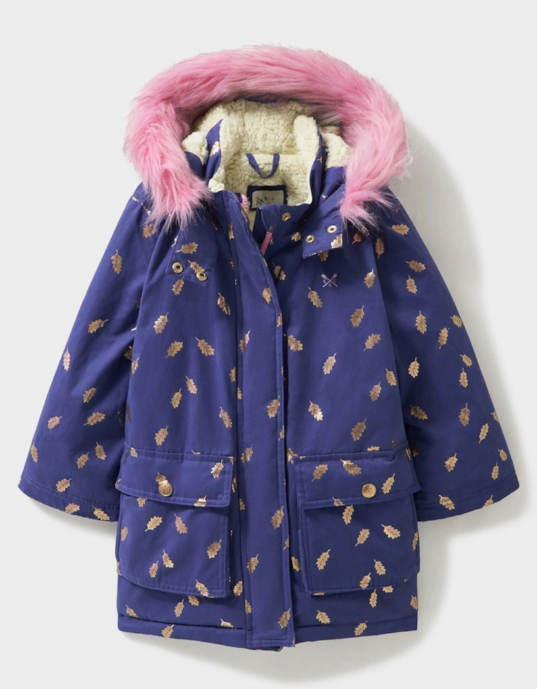 Girls Foil Print Parka Coat With Faux-fur Hood - Navy