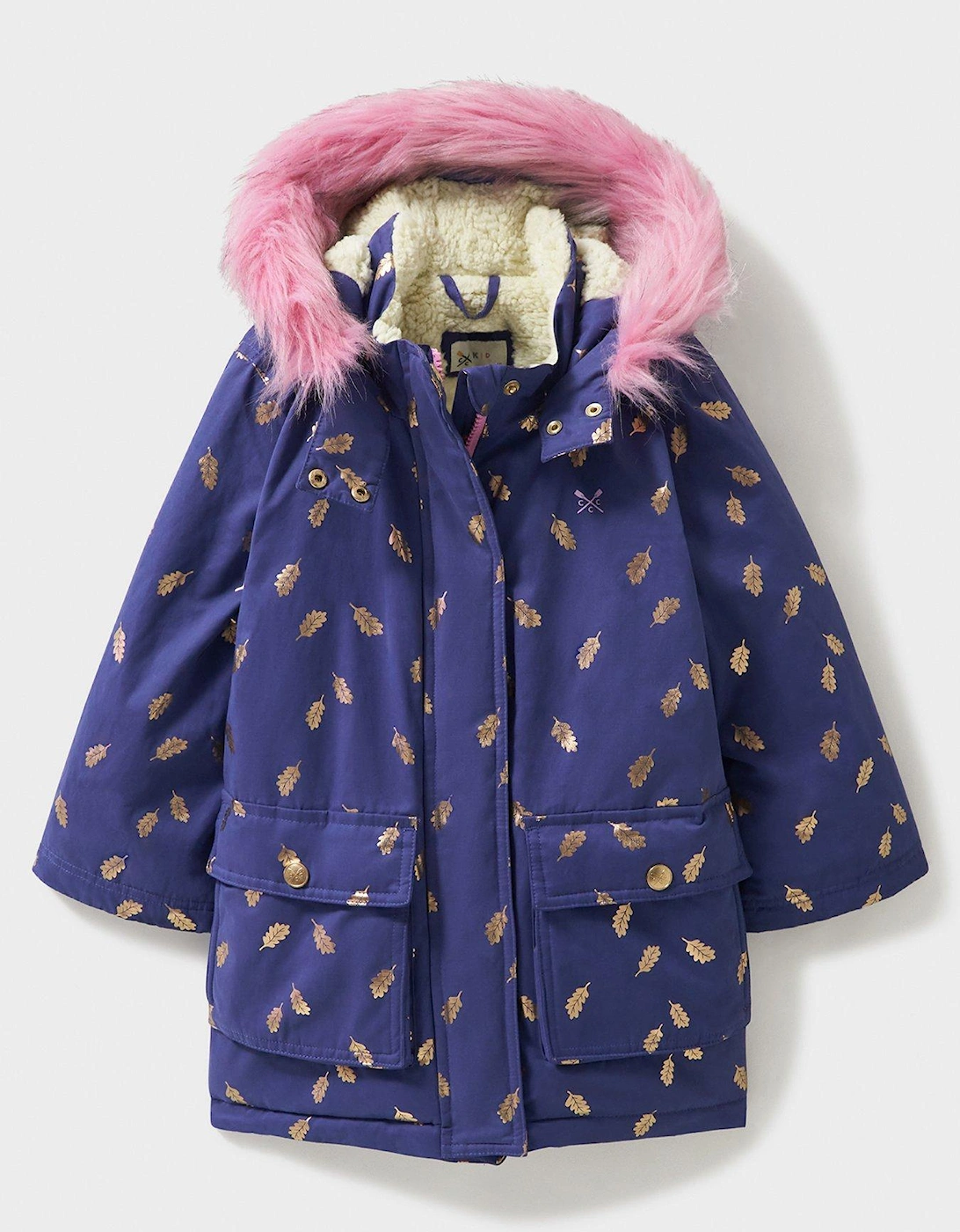 Girls Foil Print Parka Coat With Faux-fur Hood - Navy, 2 of 1