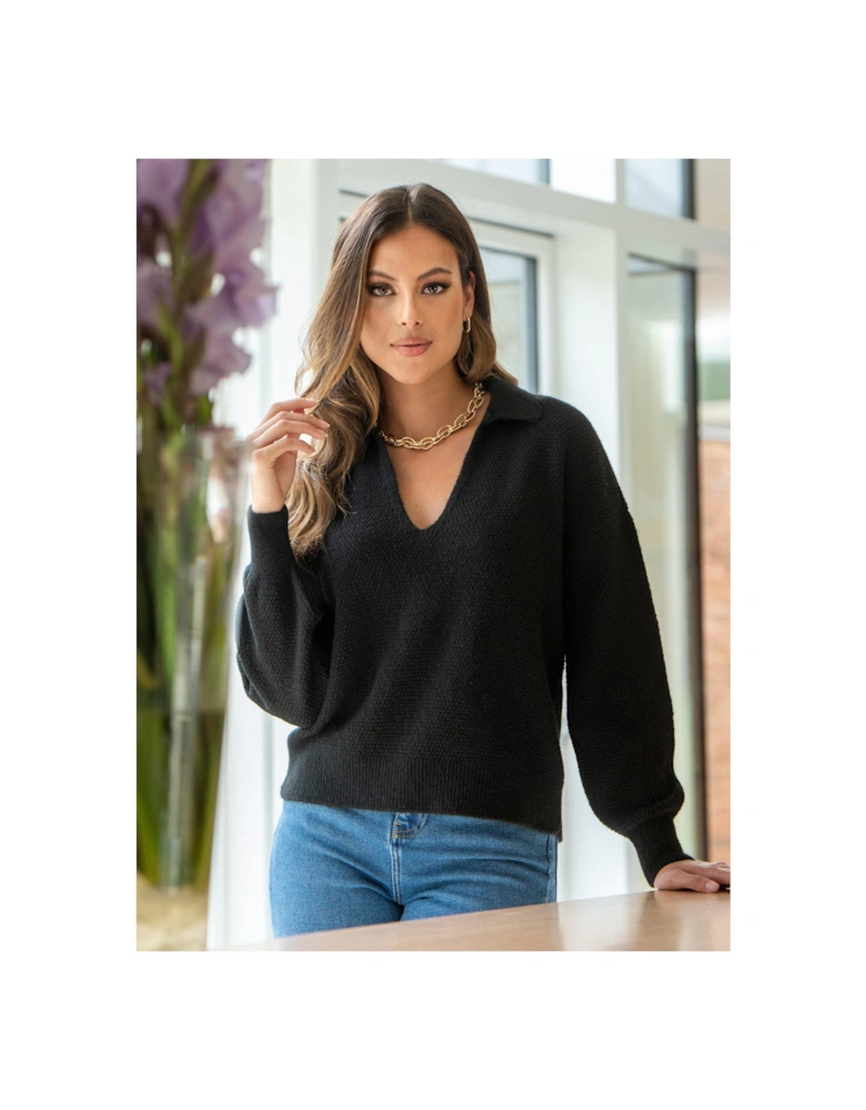 Kerry V-Neck Textured Knit Collared Jumper - Black