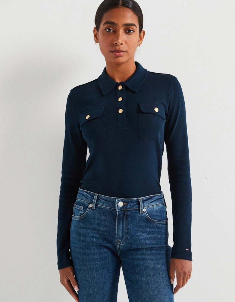 Slim Fit Long Sleeve Polo Top - Navy