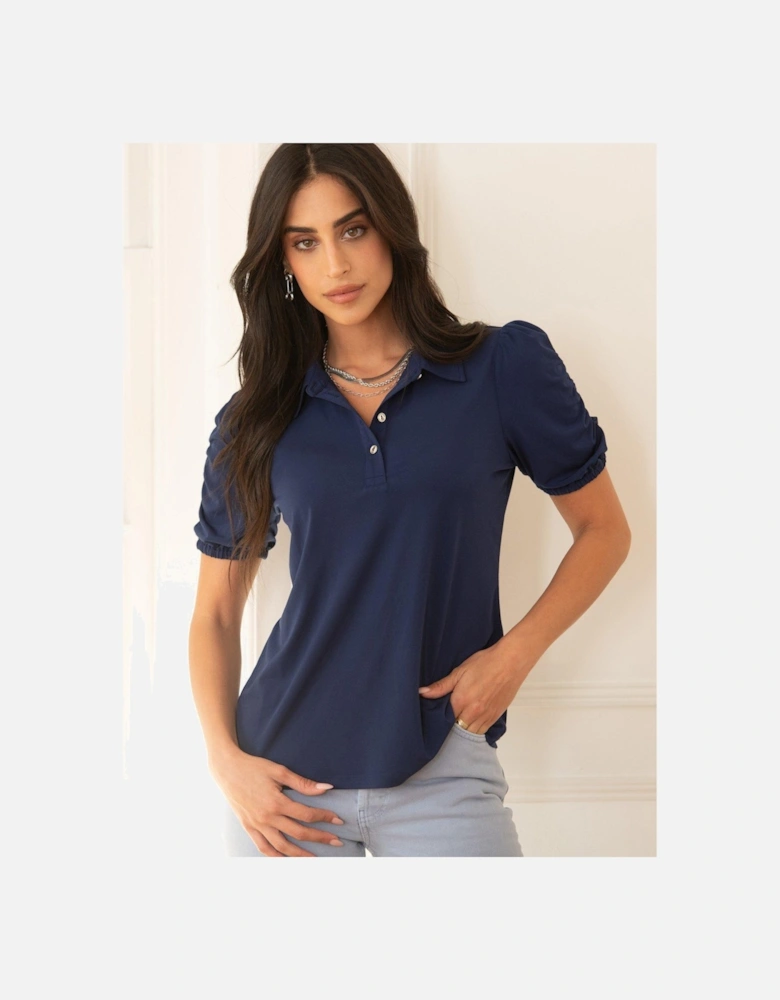 Jodie Slinky Stretch Half Button Top - Dark Blue