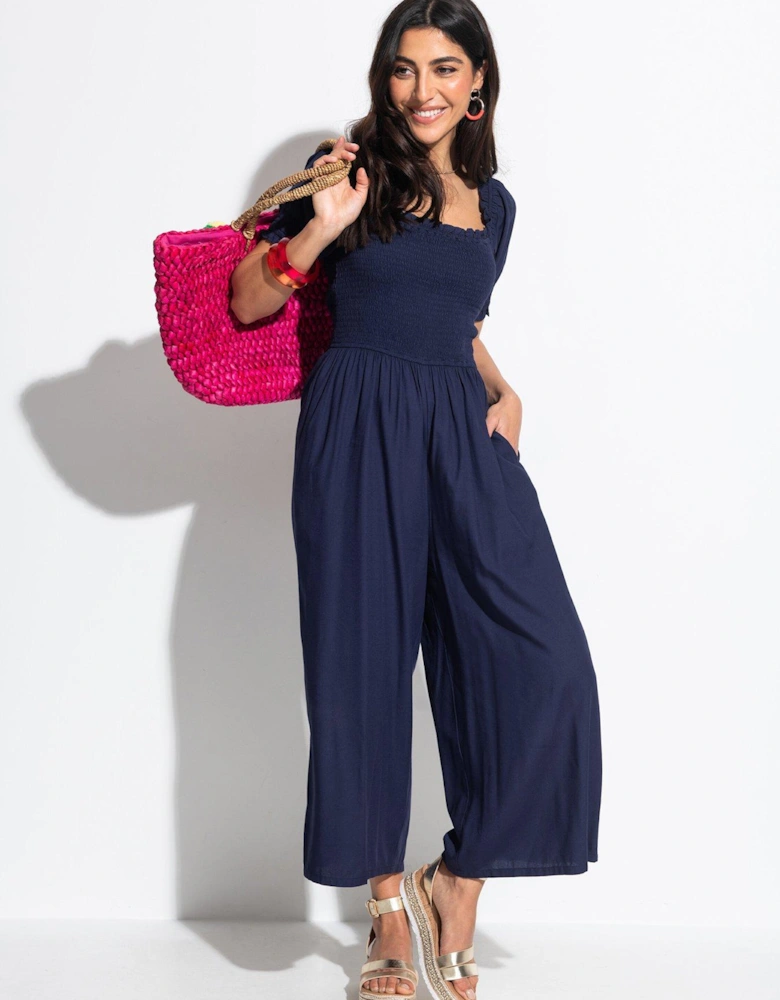 Sally Shirred Bodice Woven Puff Sleeve Jumpsuit with LENZING™ ECOVERO™ Viscose Fibres - Dark Blue