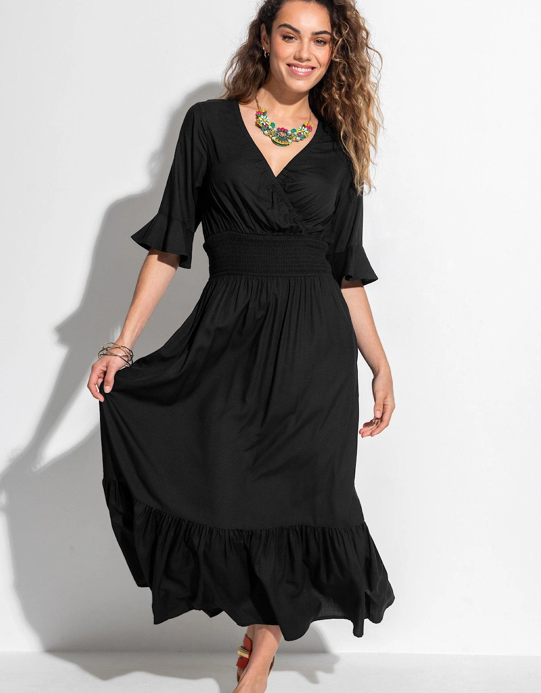 Carmen Short Sleeve Elasticated Neckline Midaxi Dress with LENZING™ ECOVERO™ Viscose fibres - Black, 2 of 1