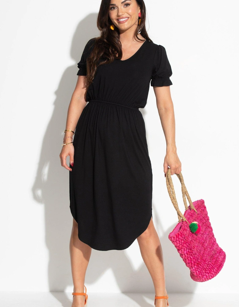 Jenny Puff Sleeve Jersey Midi Dress with LENZING™ ECOVERO™ Viscose fibres - Black