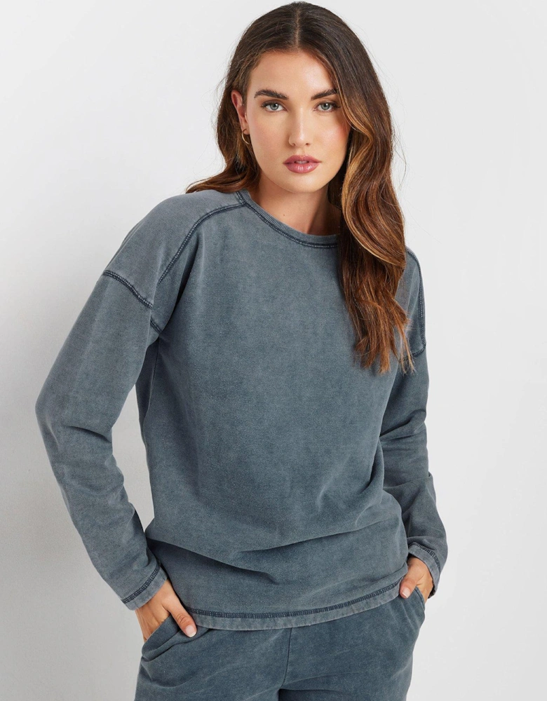 Acid Wash Crew Neck Sweatshirt - Blue