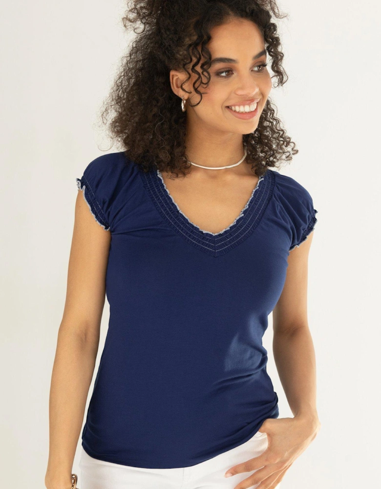 Payton Contrast Stitch Cap Sleeve Stretch Jersey Top - Dark Blue