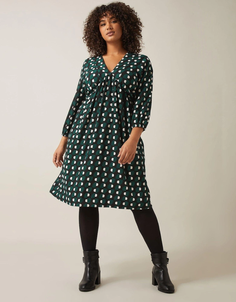 Balloon Sleeve V Neck Dress - Green