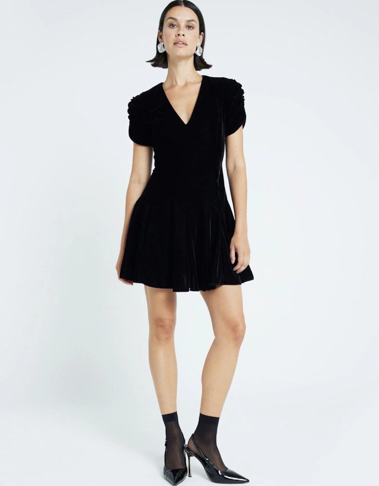 Velvet Godet Mini Dress - Black