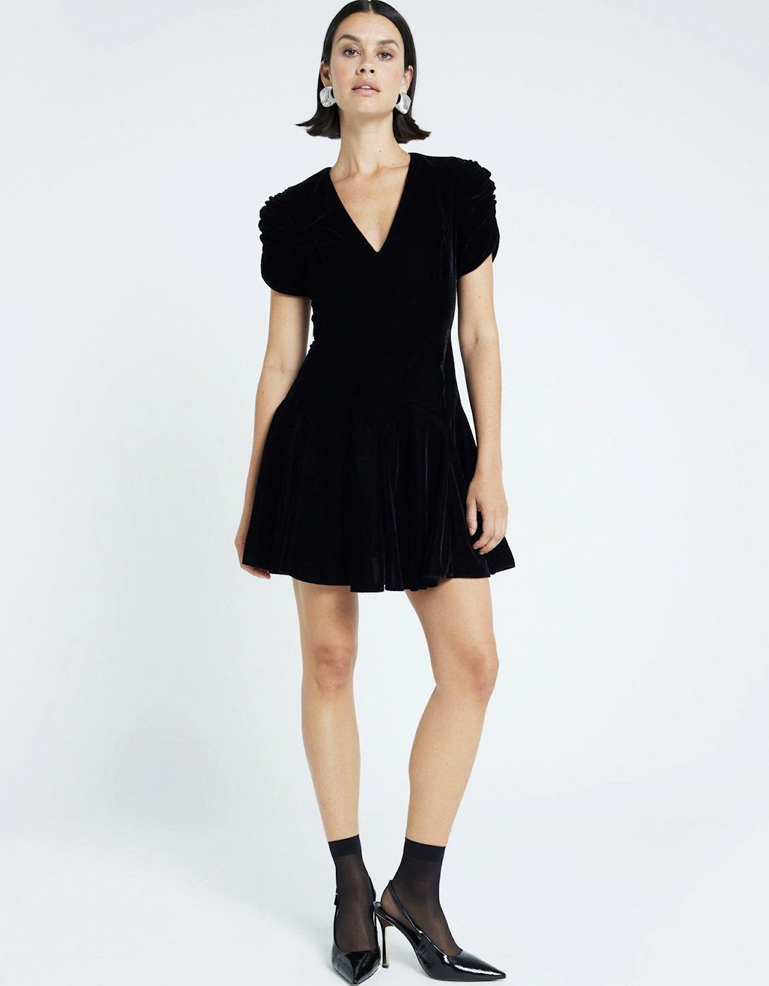 Velvet Godet Mini Dress - Black, 5 of 4