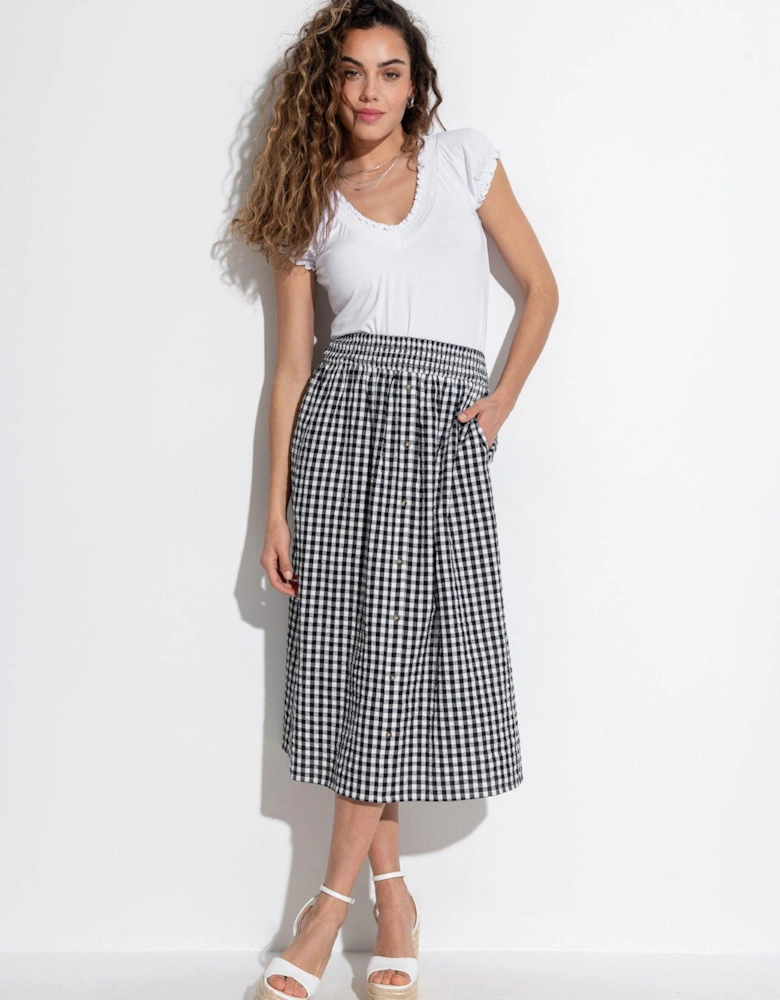 Deanna Shirred Waist Button Detail Woven Midi Skirt - Black/White