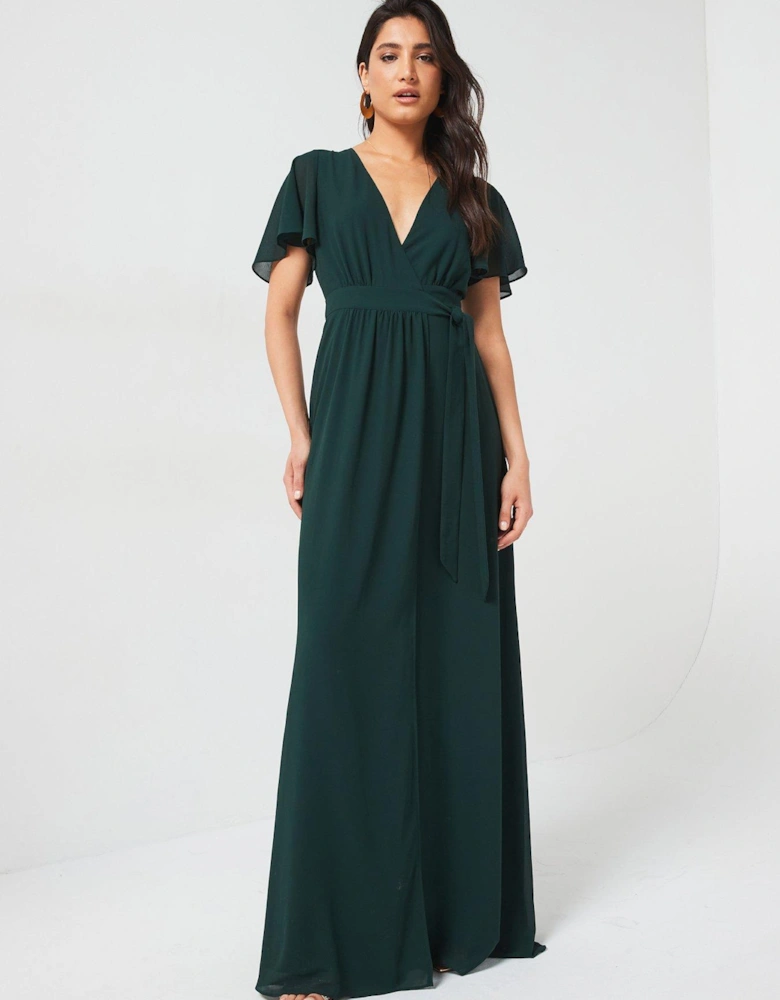 Flutter Sleeve Wrap Tie Chiffon Bridesmaid Dress - Emerald - Green