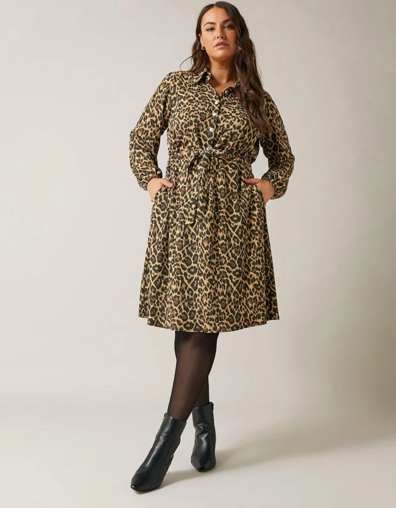 Long Sleeve Leopard Button Dress - Brown