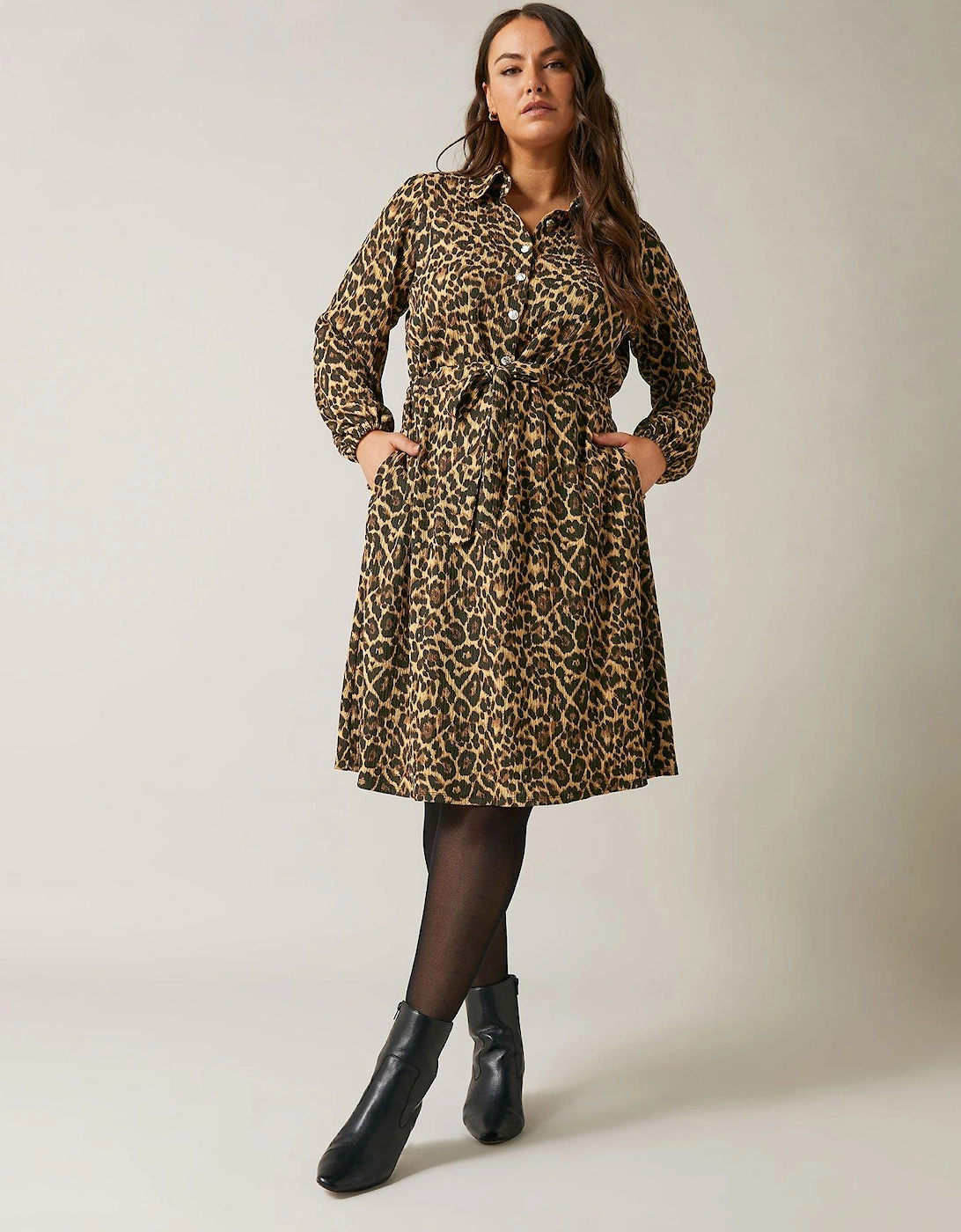 Long Sleeve Leopard Button Dress - Brown, 2 of 1