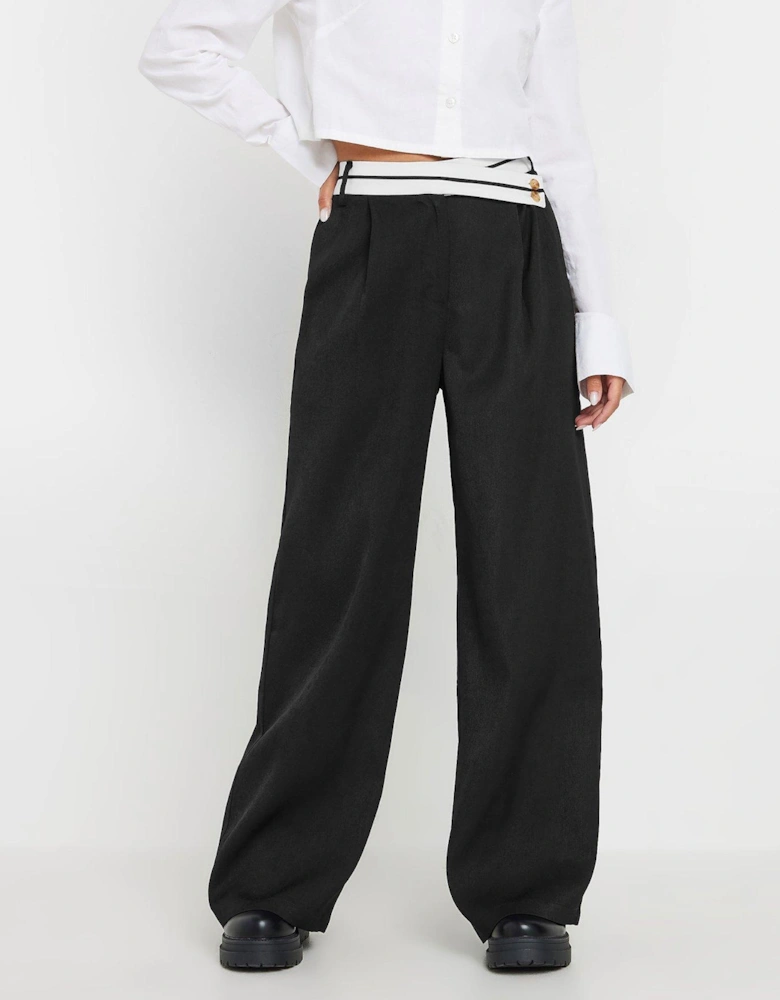 Petite Contrast Waist Wide Leg Trousers - Black