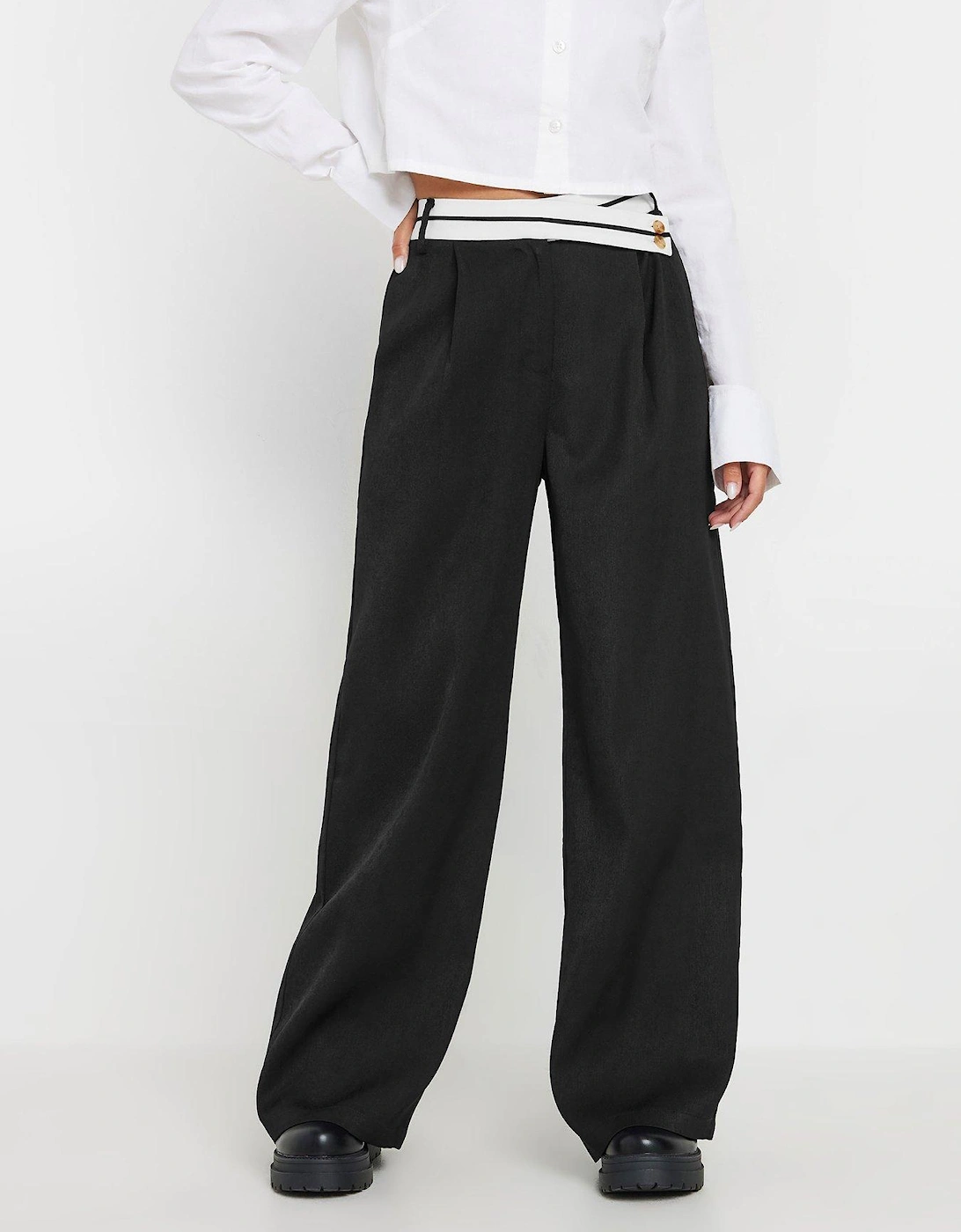 Petite Contrast Waist Wide Leg Trousers - Black, 2 of 1