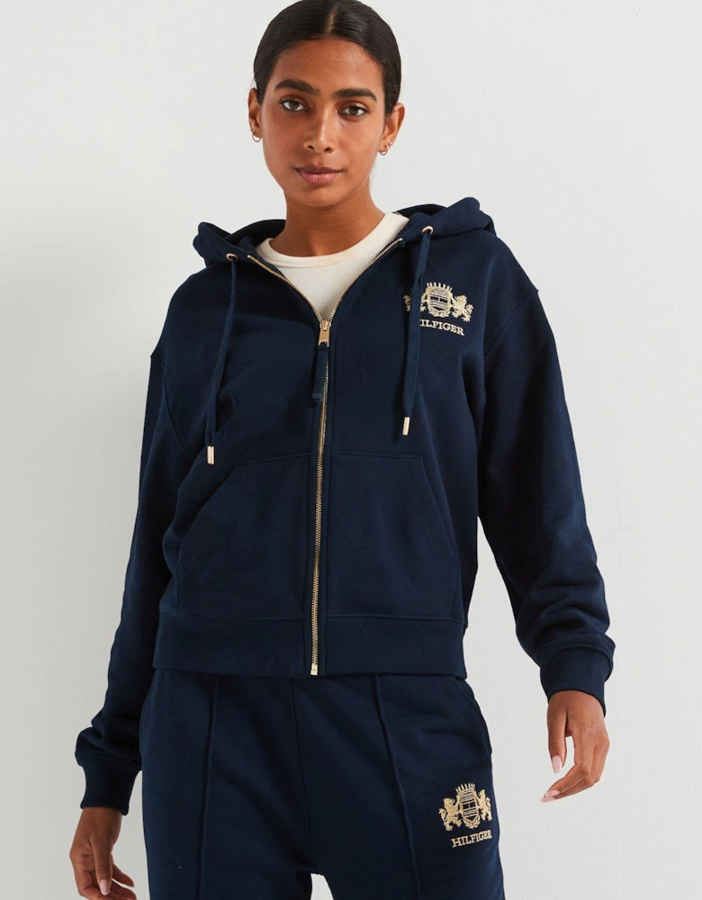 Varsity Crest Logo Zip Through Hoodie - Navy