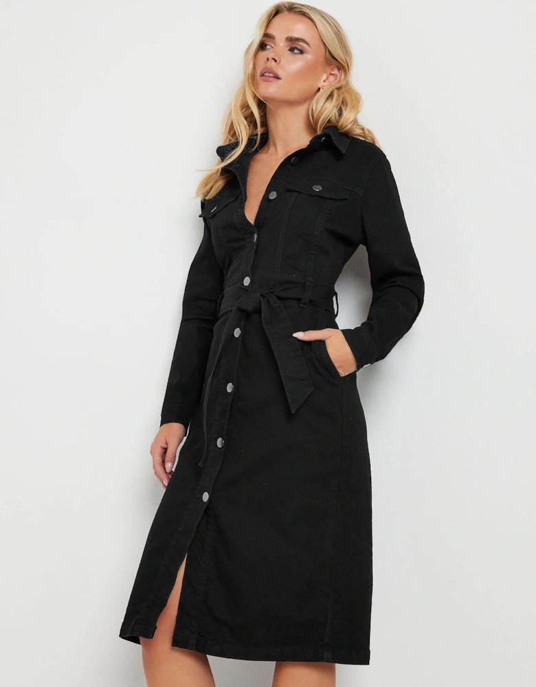 Petite Denim Button Through Belted Dress - Black