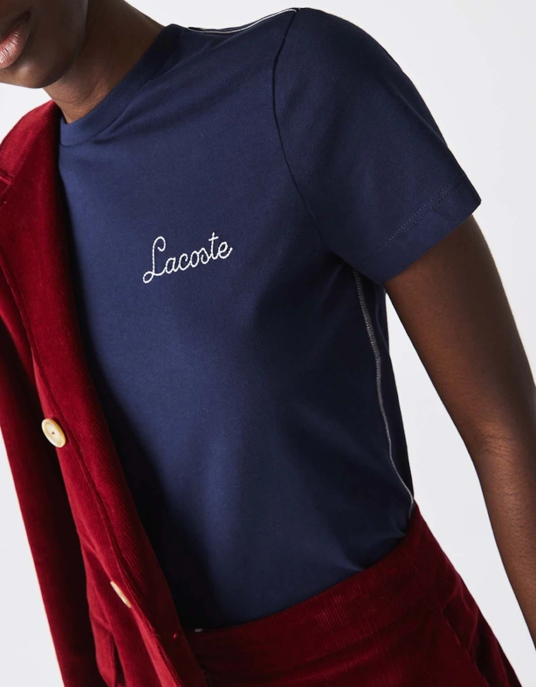 Crewneck Embroidered Lettering Cotton T-Shirt