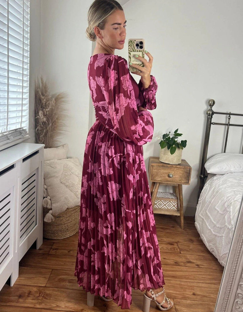 Toni Long Sleeve Pleated Maxi Dress - Mulberry Print