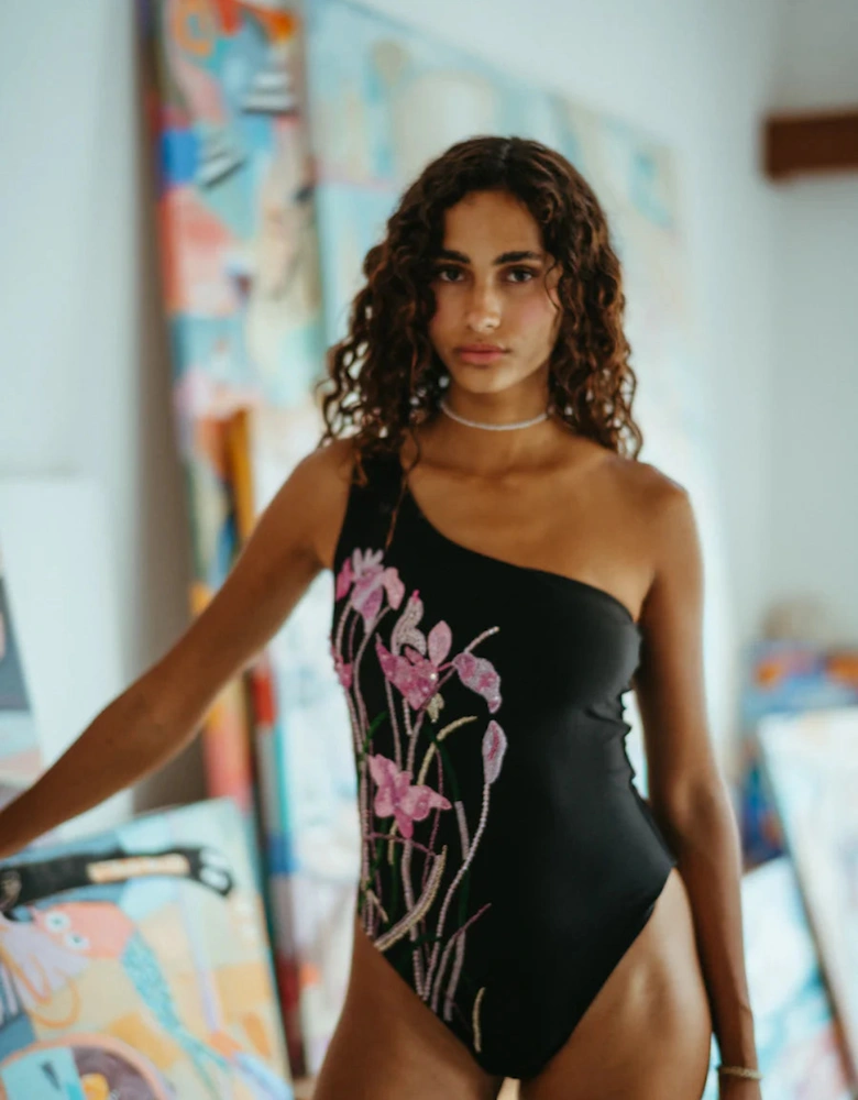 Malibu Hand-Embroidered One Piece Swimsuit Black