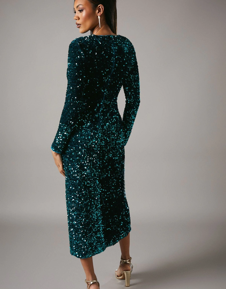 Party Sequin Velvet Long Sleeve Midi Dress