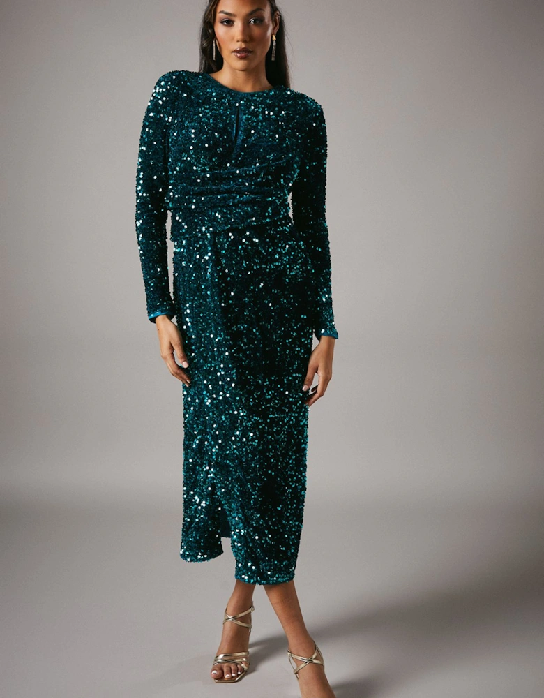 Party Sequin Velvet Long Sleeve Midi Dress