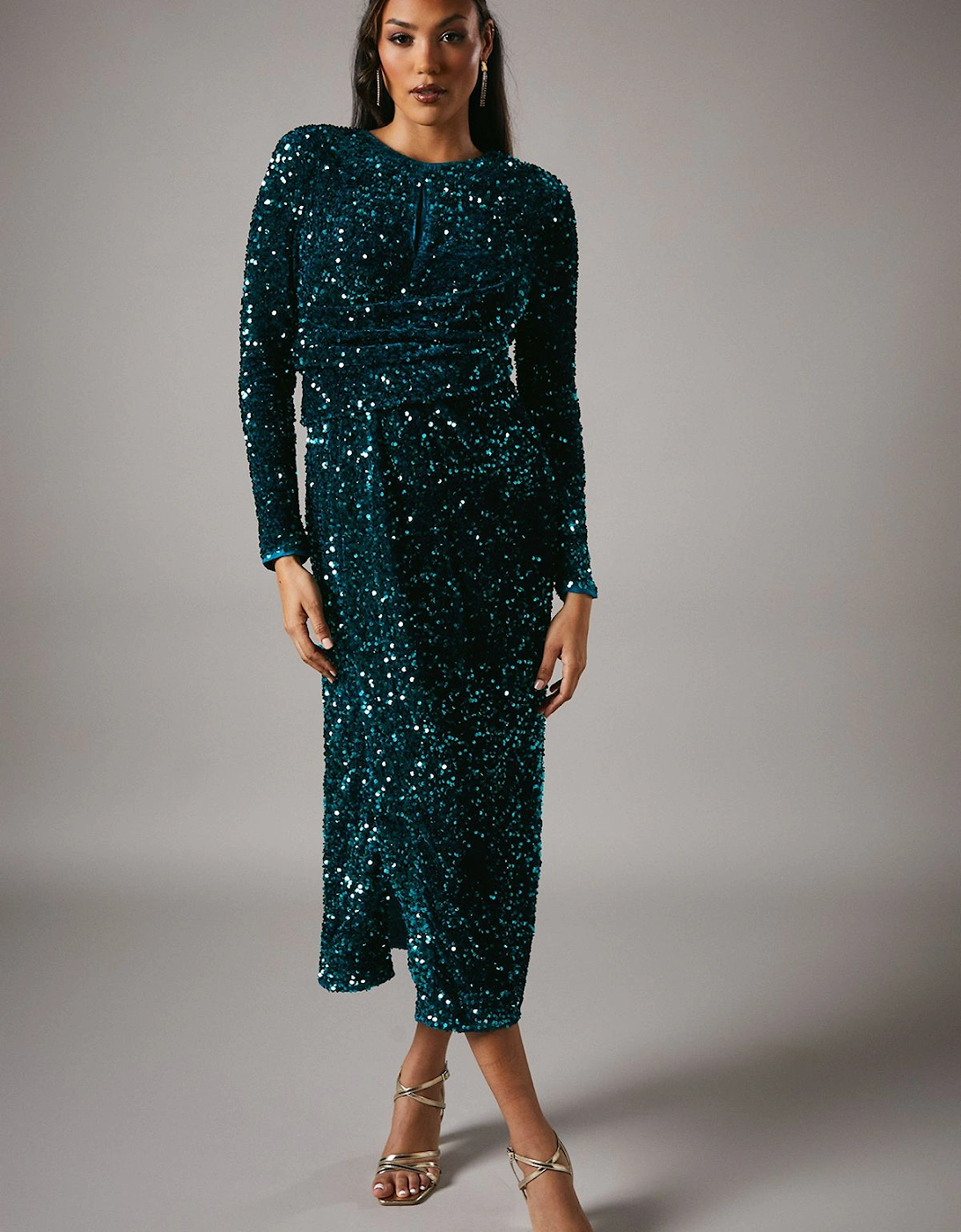 Party Sequin Velvet Long Sleeve Midi Dress