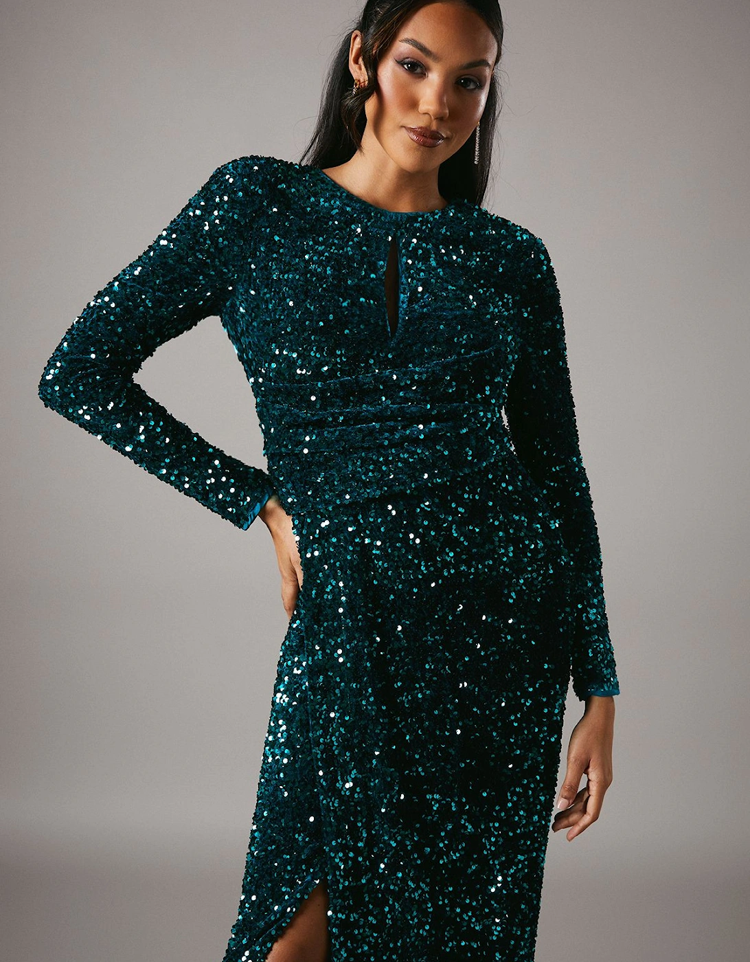 Party Sequin Velvet Long Sleeve Midi Dress