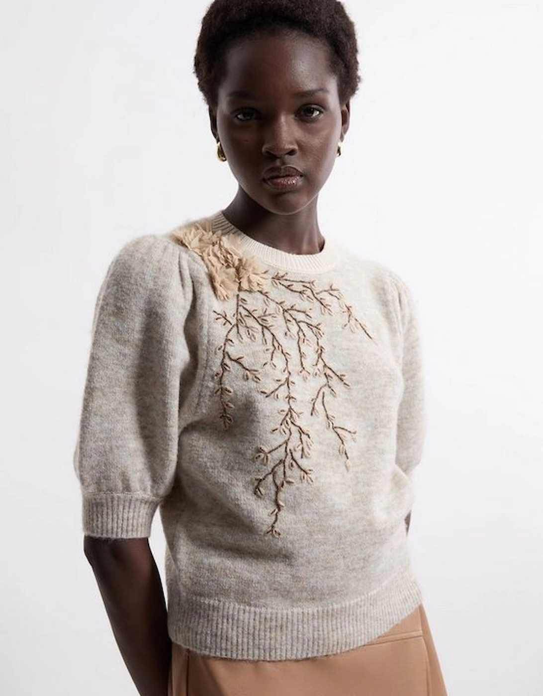 Flower And Beaded Puff Sleeve Knit Tee, 5 of 4