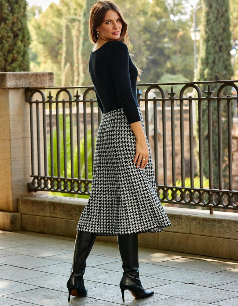 2-in-1 Dogtooth Midi Dress - Black