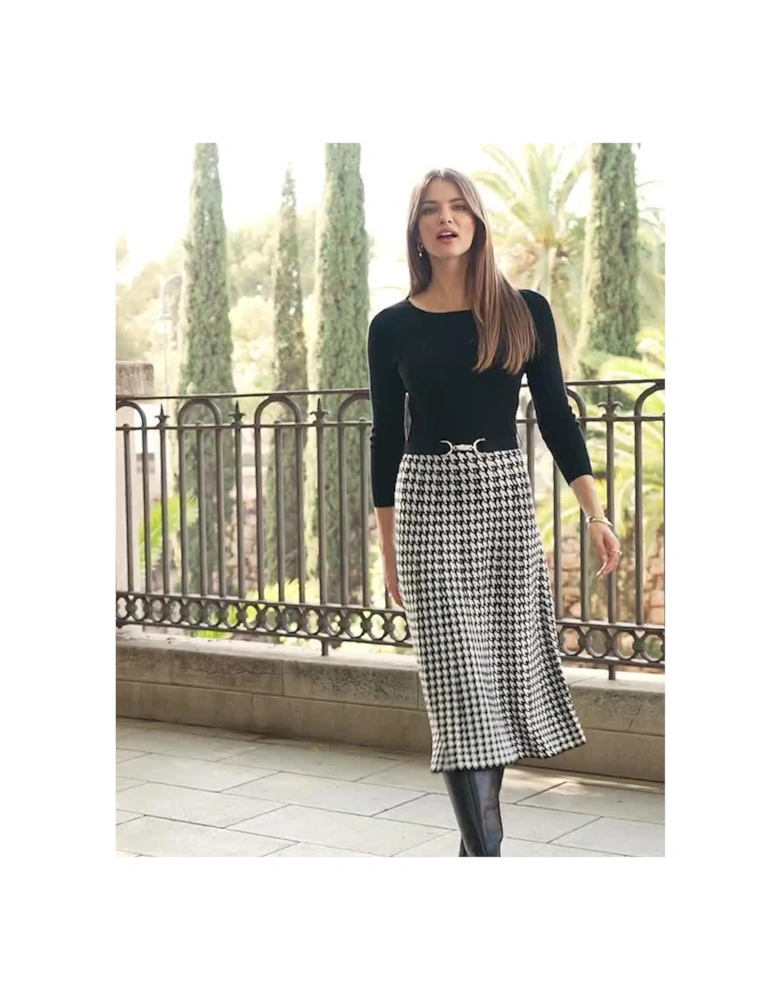 2-in-1 Dogtooth Midi Dress - Black