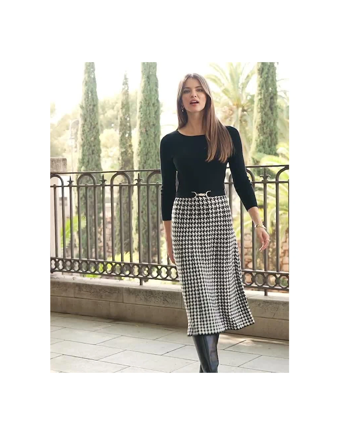 2-in-1 Dogtooth Midi Dress - Black