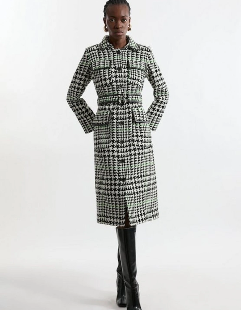 Houndstooth Check Pocket Detail Belted Pu Tipped Tailored Midi Coat