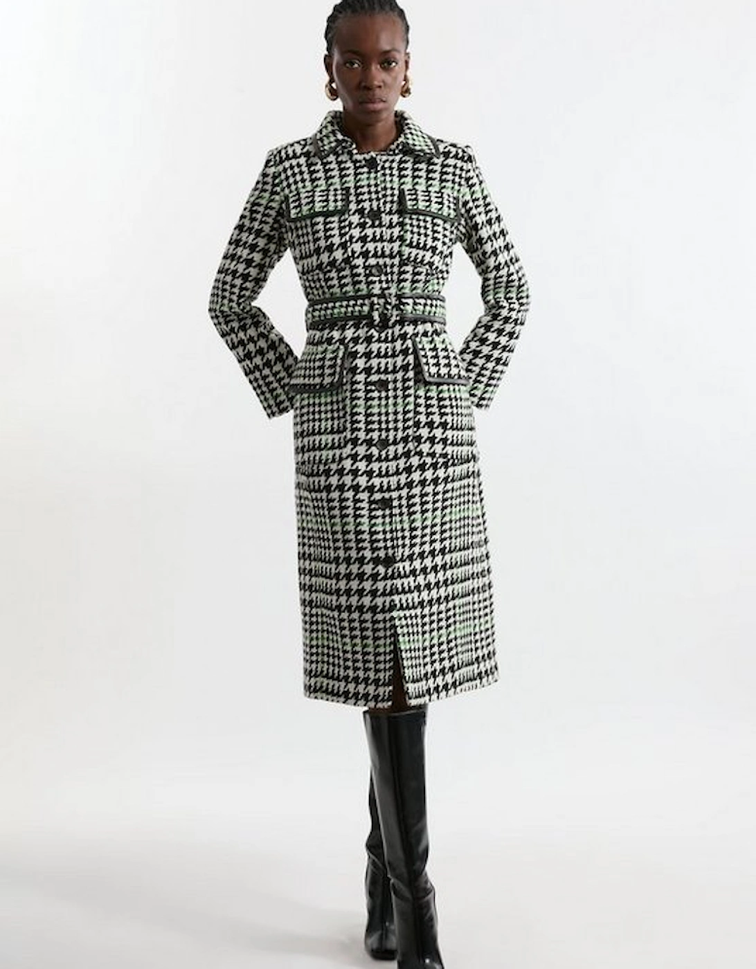 Houndstooth Check Pocket Detail Belted Pu Tipped Tailored Midi Coat, 5 of 4