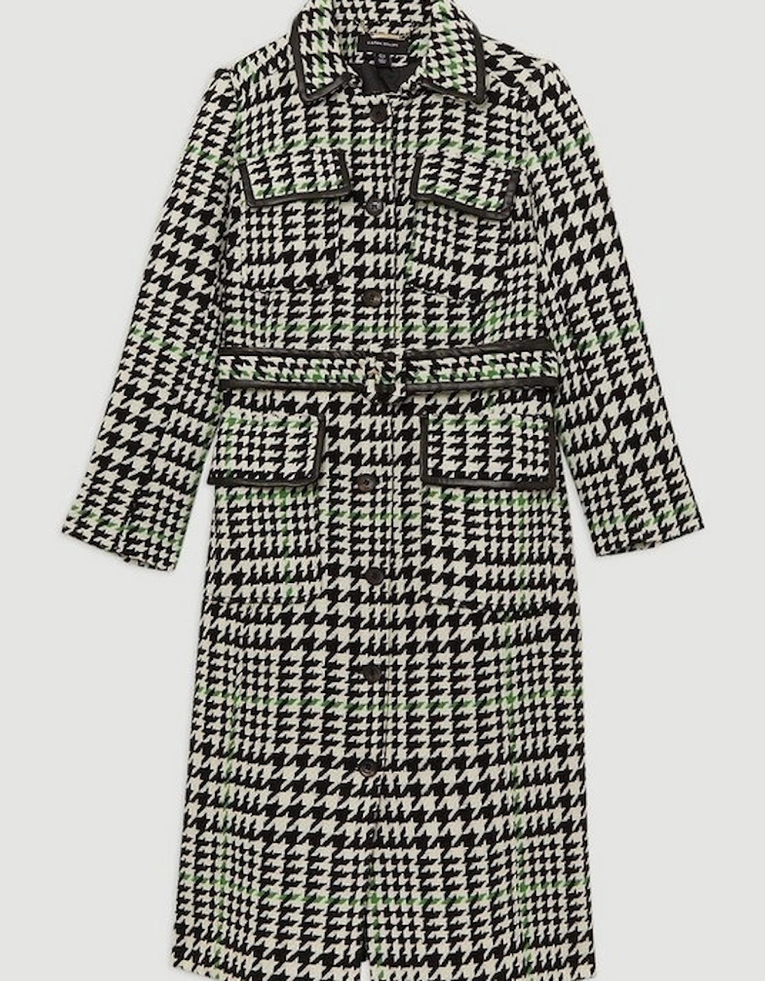 Houndstooth Check Pocket Detail Belted Pu Tipped Tailored Midi Coat