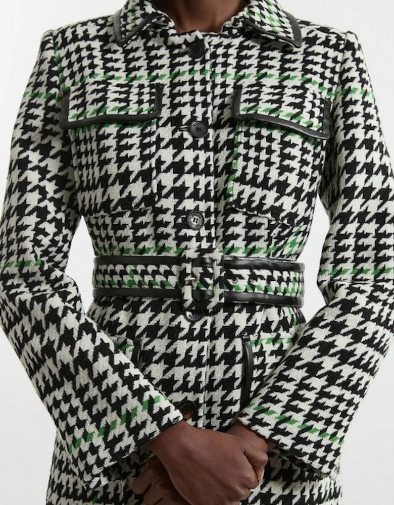 Houndstooth Check Pocket Detail Belted Pu Tipped Tailored Midi Coat