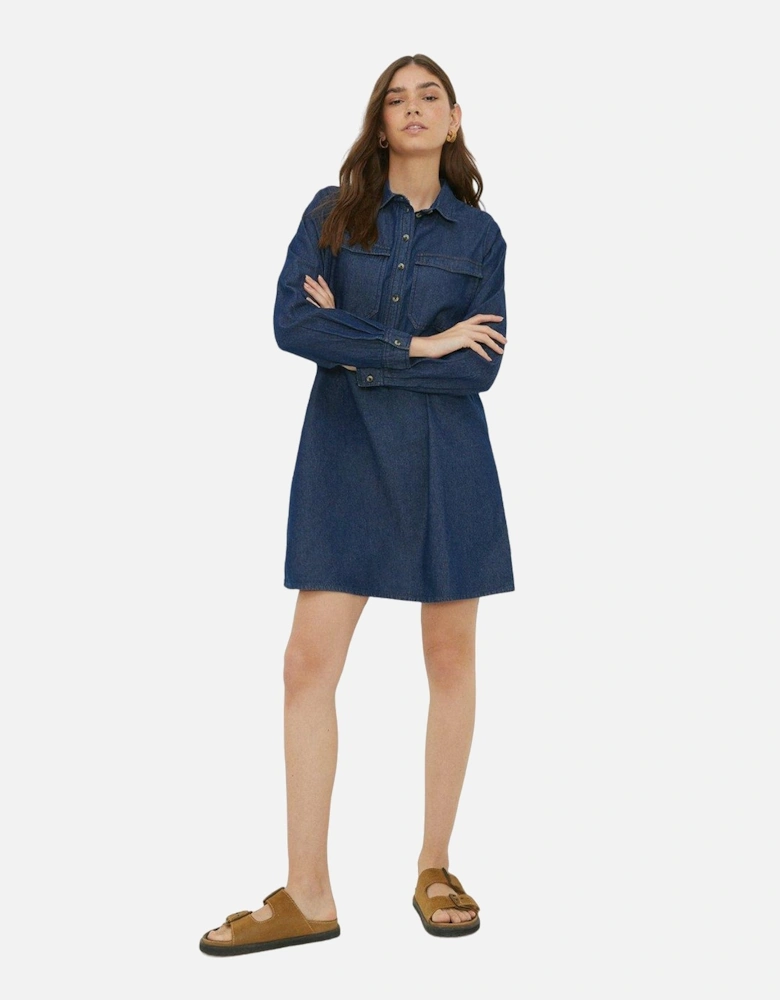 Womens/Ladies Denim Pocket Mini Shirt Dress