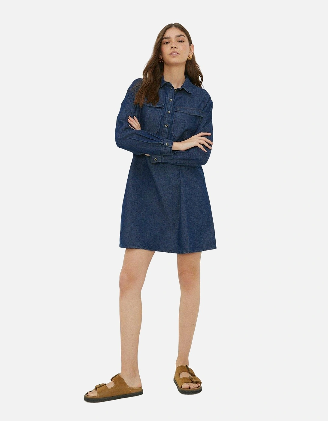 Womens/Ladies Denim Pocket Mini Shirt Dress