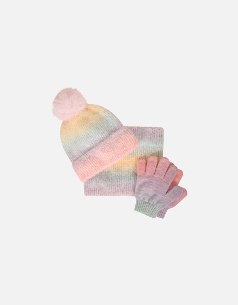 Childrens/Kids Rainbow Knitted Hat Gloves And Scarf Set