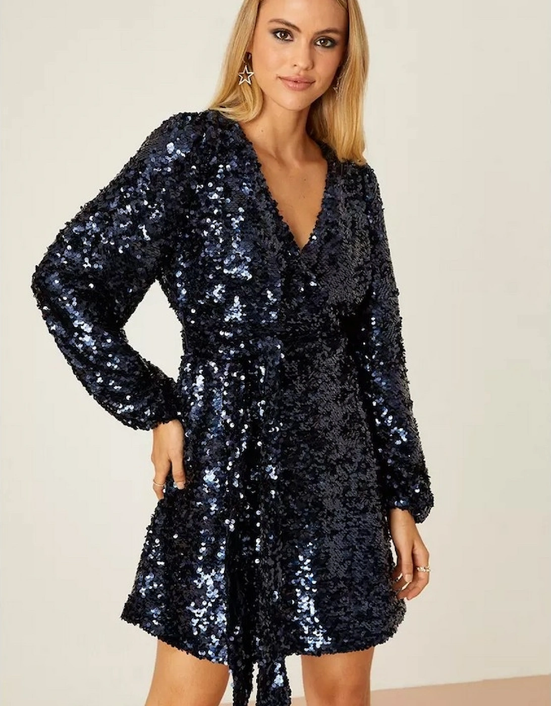 Womens/Ladies Sequins Wrap Mini Dress