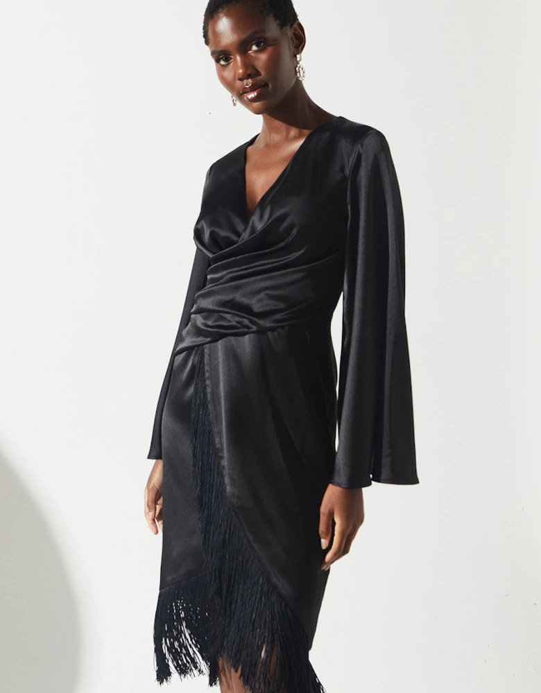 Satin Fringe Hem Wrap Waist Midi Dress