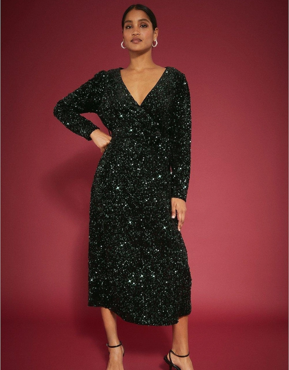 Women's Dorothy Perkins Womens/Ladies Sequin Velvet Wrap Midi Dress - Green - Size: 14