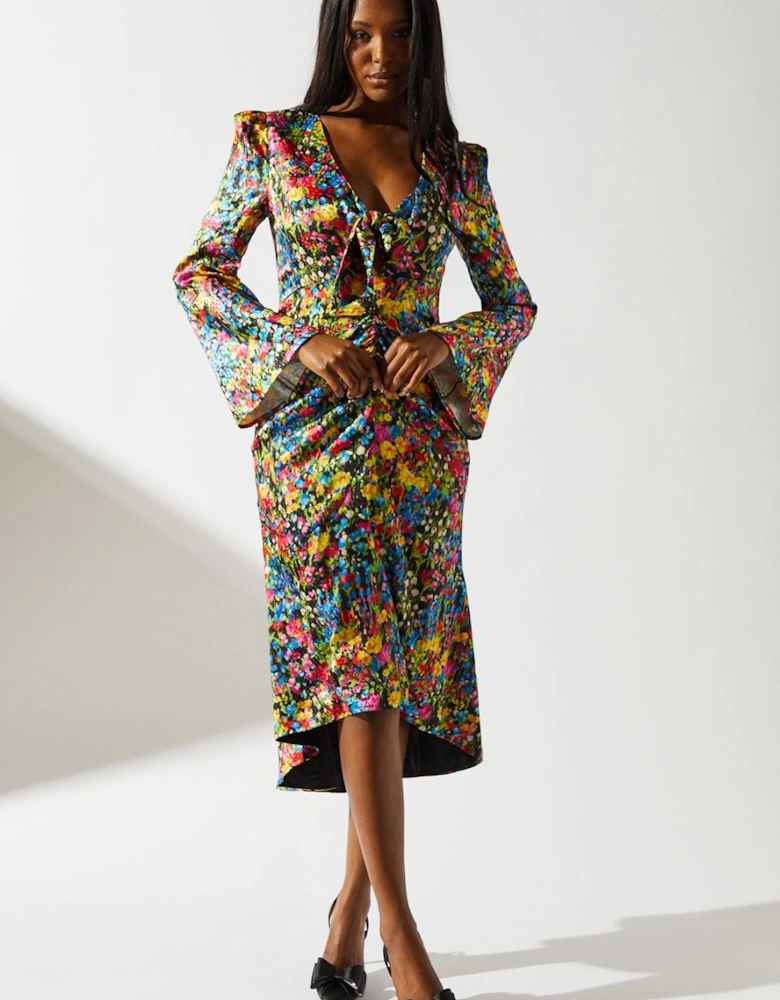 Ditsy Floral Printed Jacquard Knot Front Dress