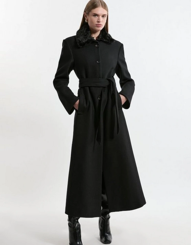 Premium Italian Manteco Wool Detachable Faux Fur Collar Belted Tailored Maxi Coat