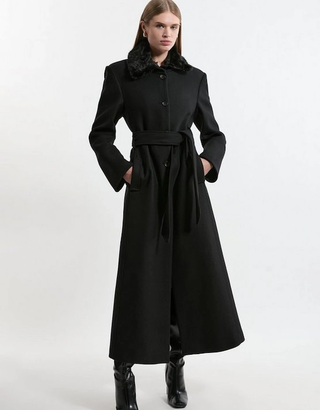 Premium Italian Manteco Wool Detachable Faux Fur Collar Belted Tailored Maxi Coat, 5 of 4