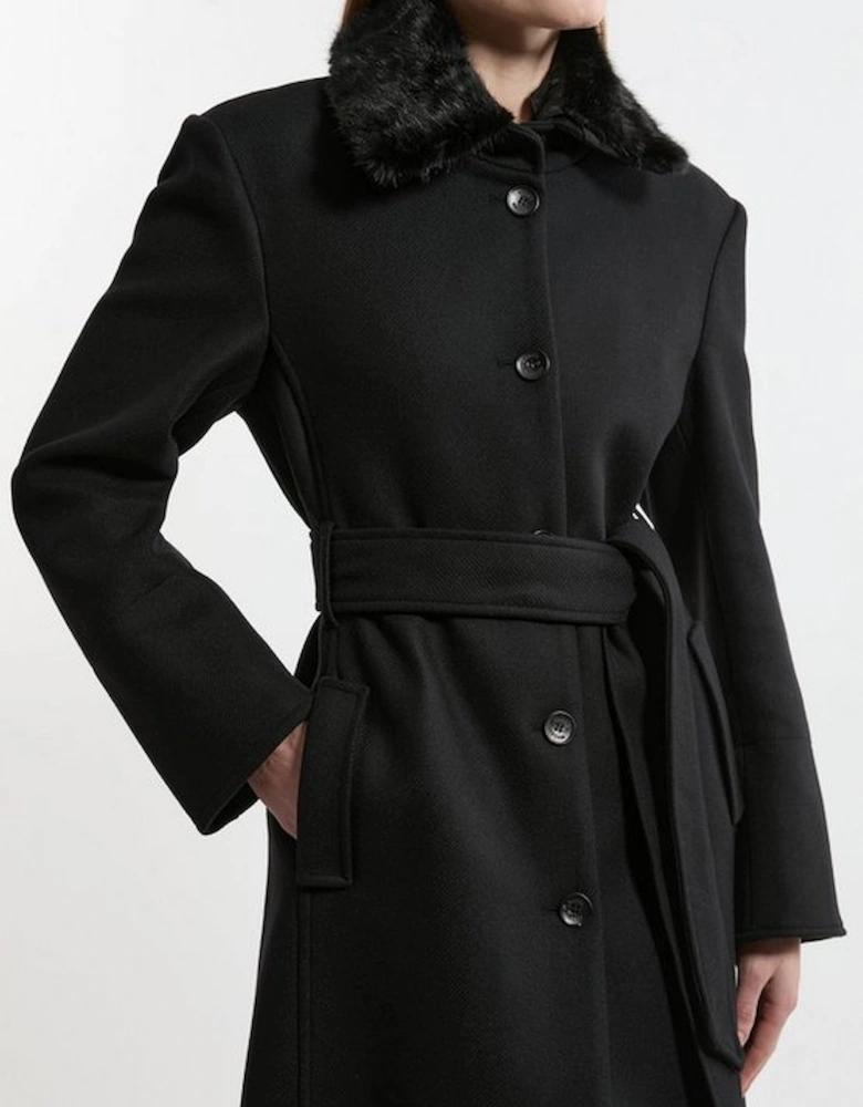 Premium Italian Manteco Wool Detachable Faux Fur Collar Belted Tailored Maxi Coat