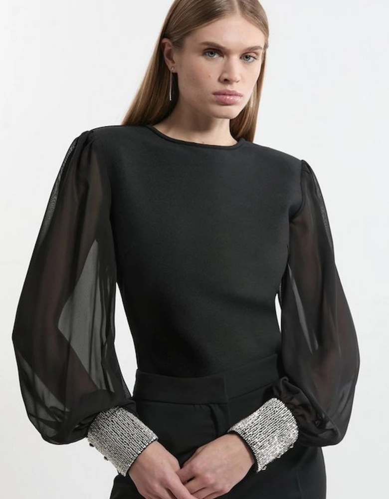 Figure Form Bandage Knit Embellished And Chiffon Sleeve Top