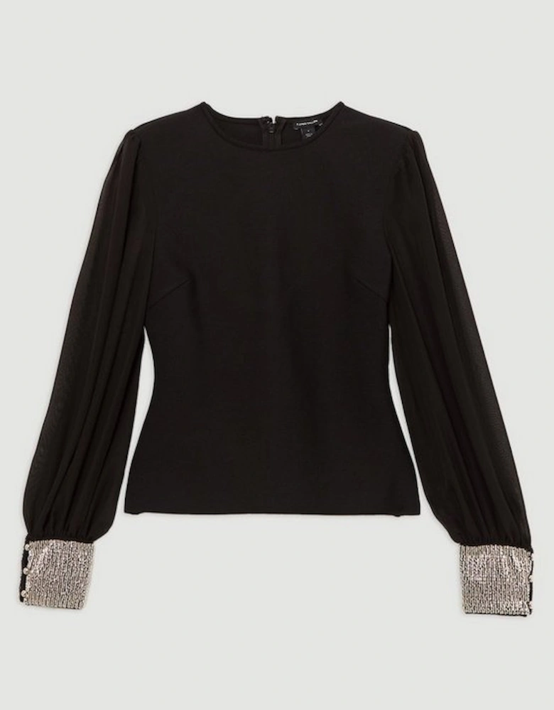 Figure Form Bandage Knit Embellished And Chiffon Sleeve Top