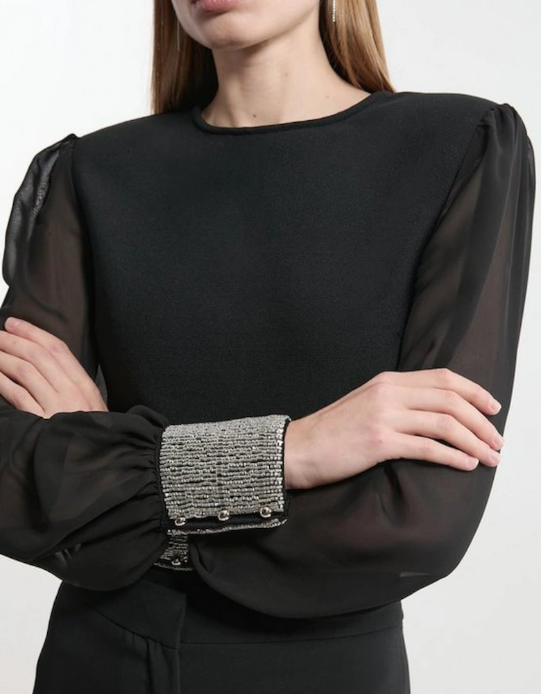 Figure Form Bandage Knit Embellished And Chiffon Sleeve Top